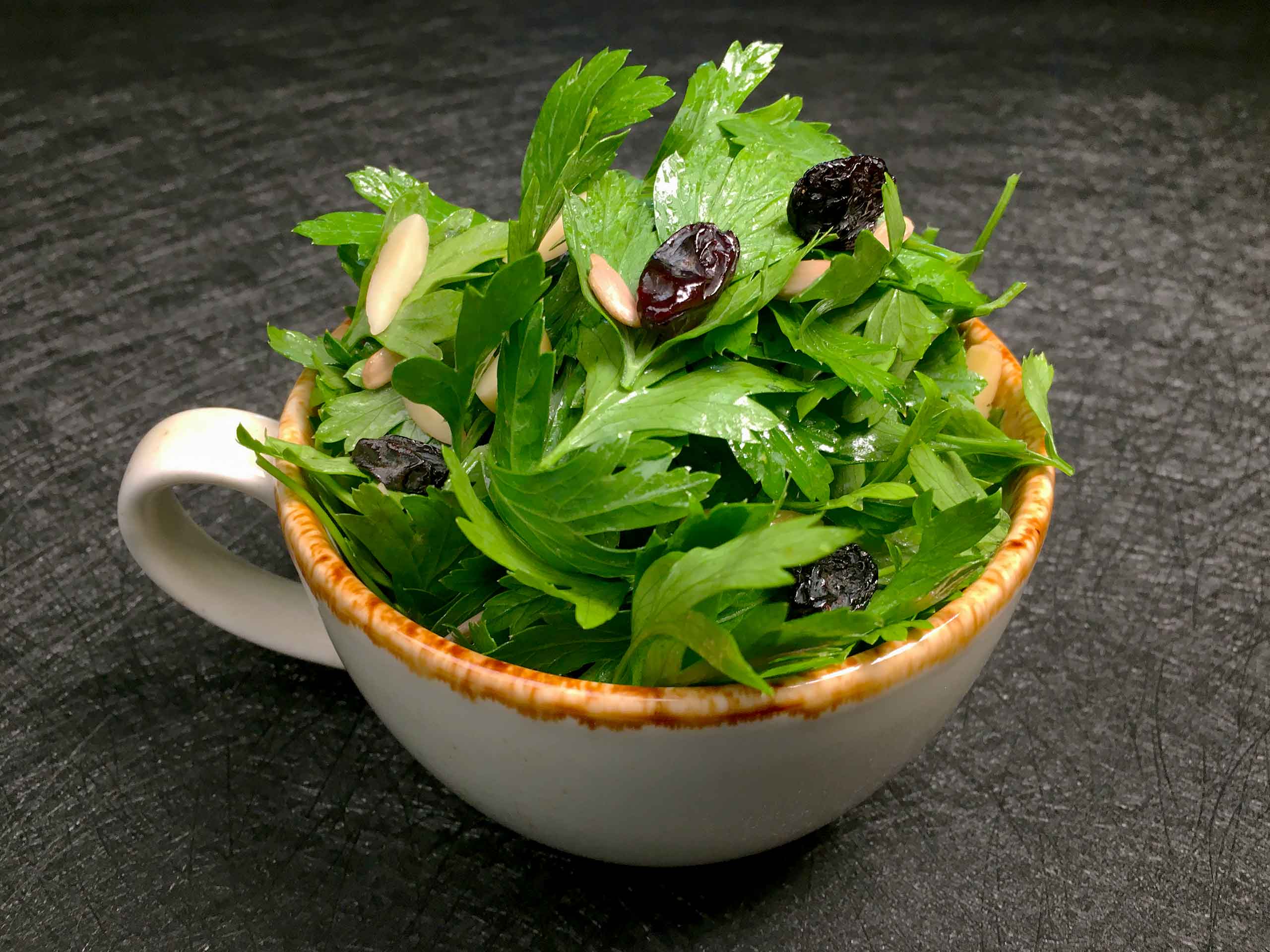 parsley salad in a coffee cup