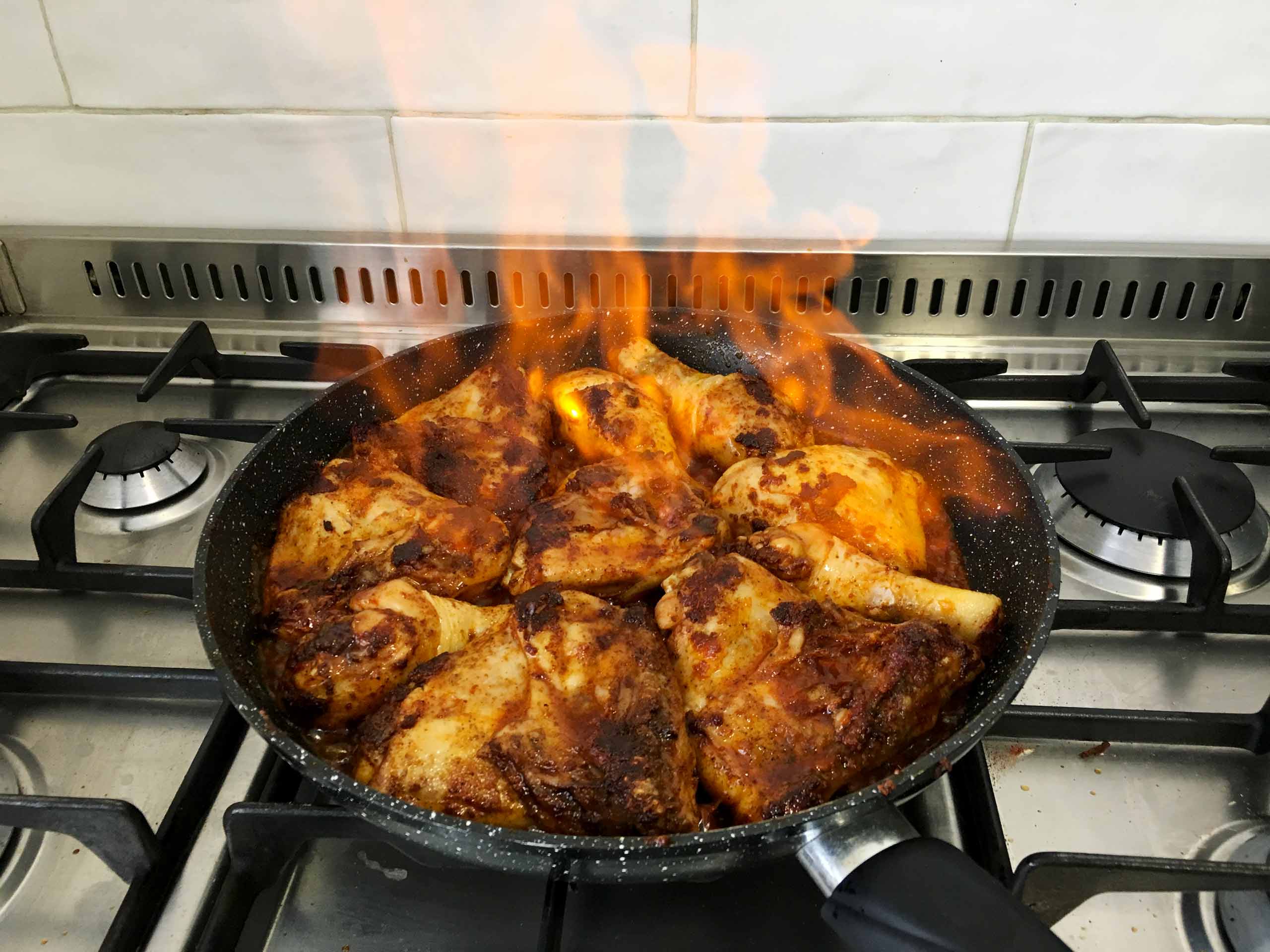 chicken in red wine flambe stage