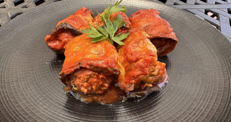 Eggplant Rolls Stuffed with Meat in Tomato Sauce