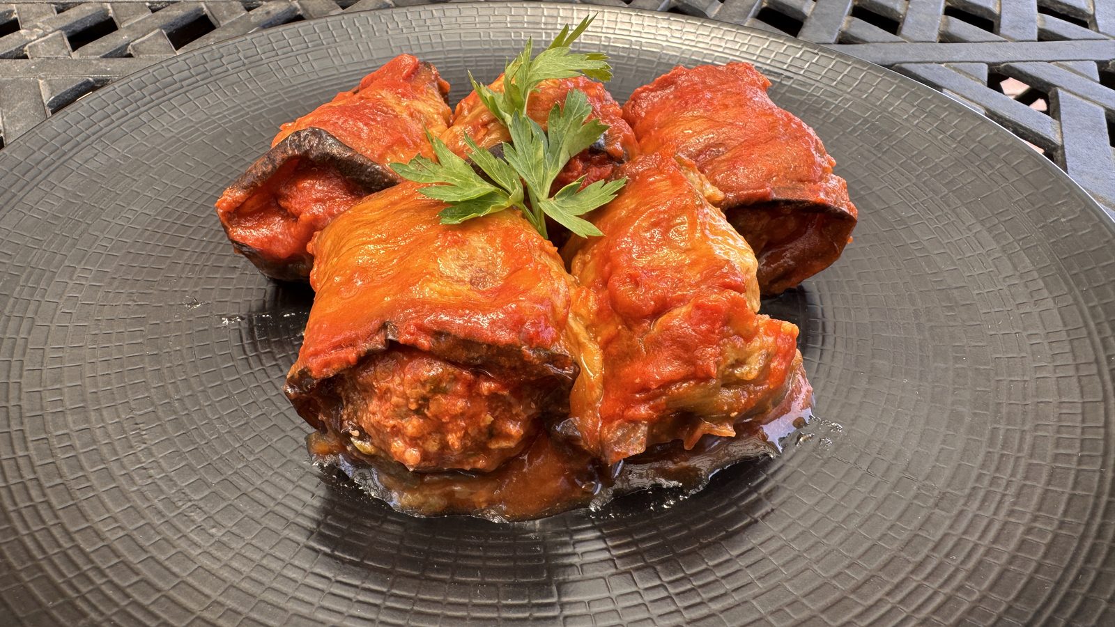 Eggplant Rolls Stuffed with Meat in Tomato Sauce